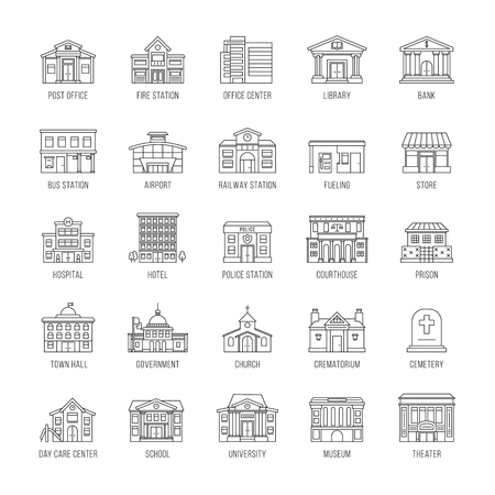 Government buildings vector thin line icons set. Building house police and courthouse, illustration of buildings prison and churchの写真素材