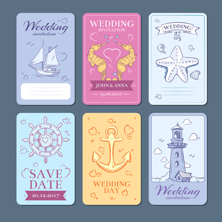 Marine, sea voyage vector wedding invitation cards set. Wedding invitation template in marine style, illustration of card invitationのイラスト素材