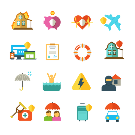 Long life insurance vector flat icons. Family money protection symbols. Insurance travel and family, illustration of insurance baggageのイラスト素材