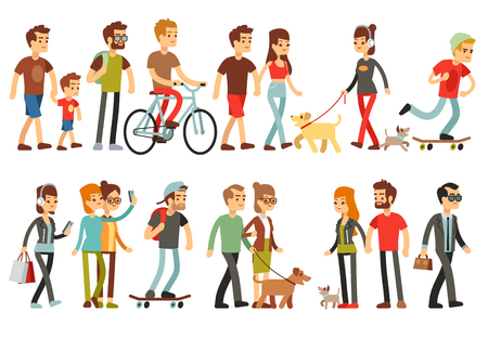 Women and men in various lifestyles. Cartoon characters vector set. Character people walk, illustration of man and woman walkingのイラスト素材