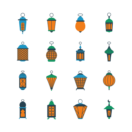 Old ramadan islamic lanterns, arabic lamps vector set. Lantern to ramadan celebration illustrationのイラスト素材