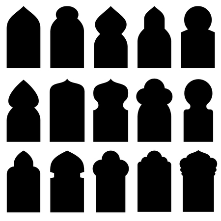 Arabic arch windows and doors in traditional islamic style vector silhouettes. Illustration of black silhouettes door and windowのイラスト素材