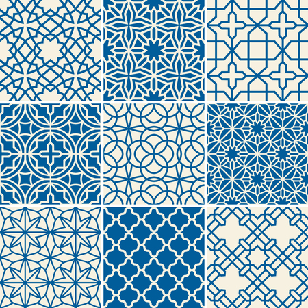 Turkish texture vector semless patterns. Islamic arabic repetitive backgrounds set. Illustration of arabic patterns collectionのイラスト素材