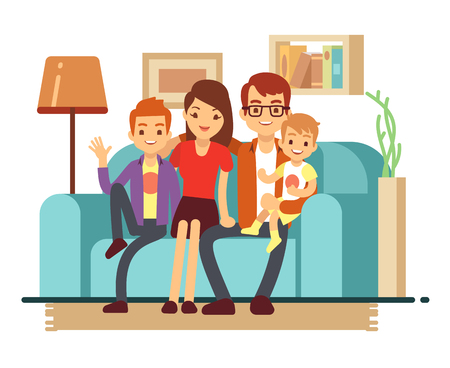Smiling young happy family on sofa. Man, woman and their children in living room vector illustration.のイラスト素材