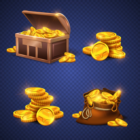 Wooden chest and big old bag with gold coins, money stack isolated. Video game vector rich assets illustrationのイラスト素材