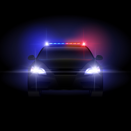 Sheriff police car at night with flashing light vector illustration. Police car with siren night, security and protection traffic patrolのイラスト素材
