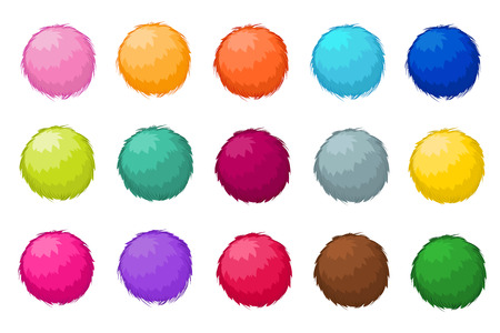 Colorful fluffy pompom fur balls isolated vector set. Pompom ball fluffy, illustration of colored soft pompomのイラスト素材