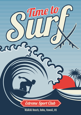 Surfing vector hawaii t-shirt vector vintage design. Typography surfing t-shirt, illustration of graphic surfer on wave oceanのイラスト素材