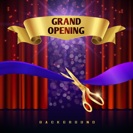 Grand opening vector concept with red curtains. Grand event open with red curtain and cut ribbon illustrationのイラスト素材