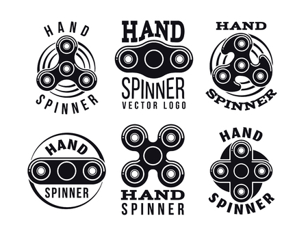 Hand spinner vector logo set. Fidget spinners emblems. Hands precision bearing rolling balls vector labelsのイラスト素材
