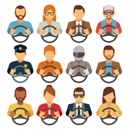 Man and woman drivers vector flat icons. Driving man courier or operator, illustration of woman driversのイラスト素材