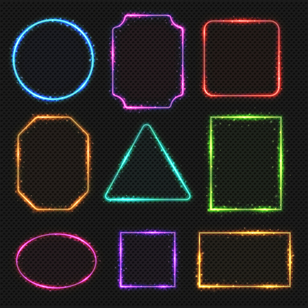 Multicolored neon vector border frames. Simple shapes of light banners oval and square, illustration of rectangle and triangle color framesのイラスト素材