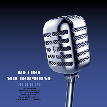 Realistic vintage steel concert or studio microphone vector illustration. Radio retro microphone, audio equipment technologyのイラスト素材