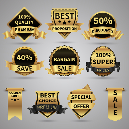Luxury golden labels and elegant gold emblems vector collection. Badge sticker proposition premium illustrationのイラスト素材