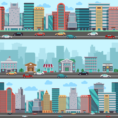 City street with cars and buildings. Vector wrapper panoramic urban design. Town street, illustration of urban building townのイラスト素材
