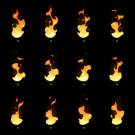 Fire sprite sheet. Cartoon vector flame game animation. Set of flame for game, illustration of burn bright fire designのイラスト素材