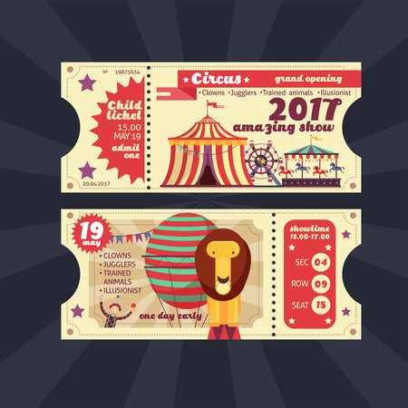 Circus magic show ticket vector vintage design isolated. Ticket to show circus, performance and amusement illustrationのイラスト素材