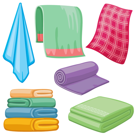 Cartoon towels vector set. Cloth towel for bath, illustration of cartoon fabric towel for hygieneのイラスト素材
