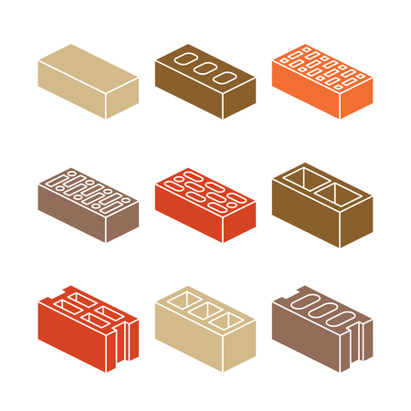 Building and contruction materials icons - colorful bricks on white background. Material for constrution work, vector illustrationのイラスト素材