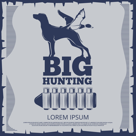 Big hunting poster design with duck, hound and ammunition. Vector illustrationのイラスト素材