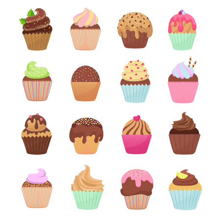 Delicious cupcakes and muffins vector cartoon set, Chocolate birthday dessert cupcake illustrationのイラスト素材