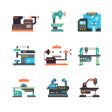 Industrial cnc machine tools and automated machines flat icons, Machine equipment for factory industry, illustration of industrial, productionのイラスト素材