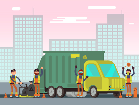 Waste management and city garbage collection for recycling vector concept with sanitation workers, garbage truck and trash bins. Trash and garbage car, illustration of container with wasteのイラスト素材