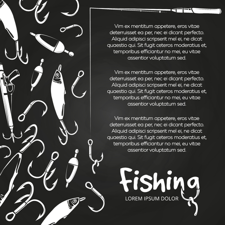 Chalkboard poster or banner with fishing accesories and equipment. Vector illustrationのイラスト素材