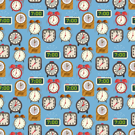 Seamless pattern with colorful alarm clocks on blue backdrop. Background with clock. Vector illustrationのイラスト素材