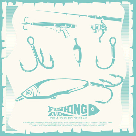 Poster with fishing accesories and equipment hook for sport fishing. Vector illustrationのイラスト素材