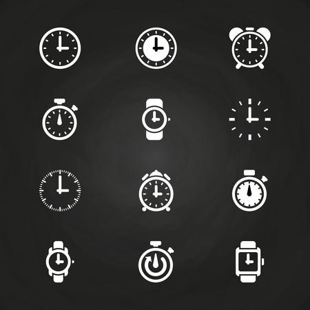 Clock and time icons set on blackboard. White clock collection, vector illustrationの写真素材