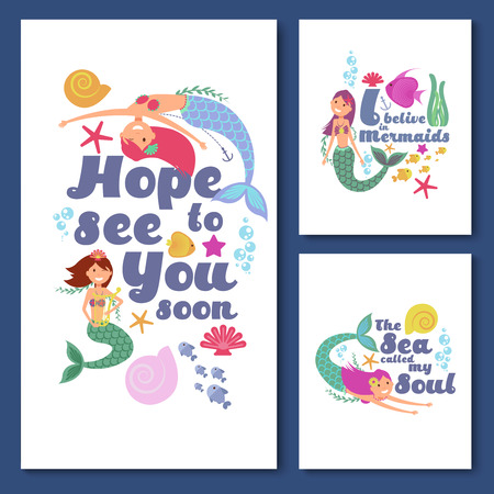 Cute kids nautical vector cards. Marine childrens invitations with funny mermaid girls. Kids banner with colored mermaids illustrationのイラスト素材