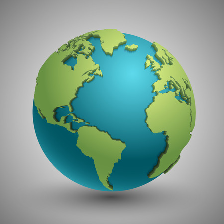 Earth globe with green continents. Modern 3d world map concept. Green planet with continent illustrationの写真素材