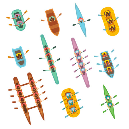 Top view rowing sport boats with team vector set. Water sport boat team, canoe and kayak rowing illustrationのイラスト素材