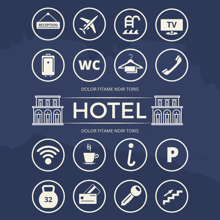 Hotel icons set and building - vector bundle for hotel. Vector illustrationのイラスト素材