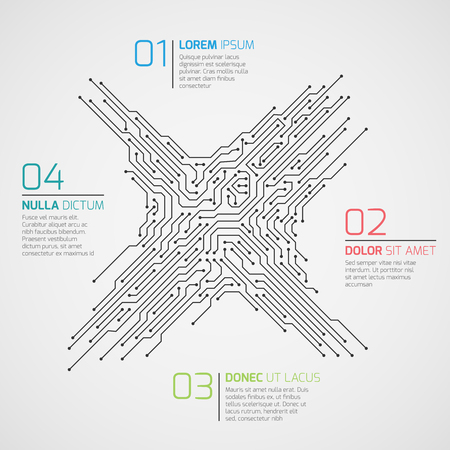 Computer technology vector infographic template with circuit board and options. Electronic high tech concept electronic connection scheme structure circuit board illustrationのイラスト素材