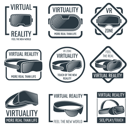 Futuristic helmet virtual reality headset logos. Vr glasses head-mounted display vector labels. Device for reality virtual, illustration of head helmetのイラスト素材