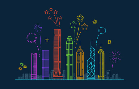 Hong kong city vector panorama with festive fireworks. China line cityscape with buildings. Building city hong kong color linear illustrationのイラスト素材