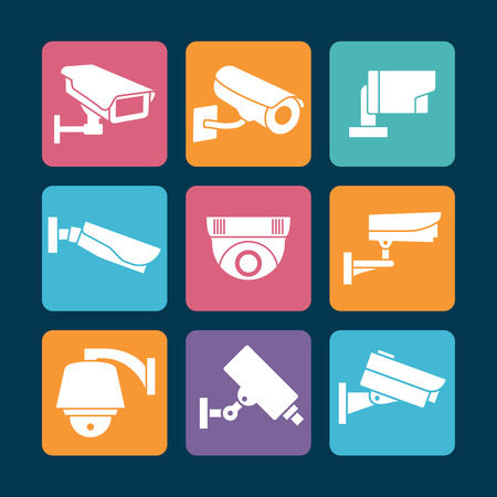 Security cameras white icons on colorful backdrop. Camera security symbol, vector illustrationのイラスト素材