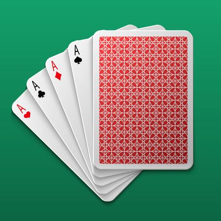 Four aces poker playing card on game table. Casino big win gamble vector background. Combination ace for play game poker illustrationのイラスト素材