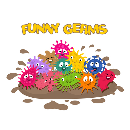 Funny vector germs. Cartoon bacteria splash in mud vector illustration. Microbe characters, colored bacteria and germのイラスト素材