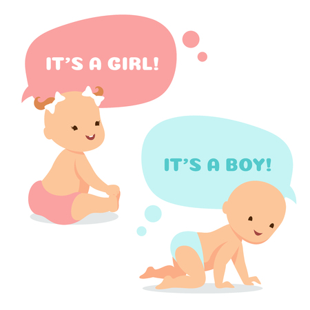 Cartoon baby with thinking bubbles. Cute newborn girl and boy vector illustration. Infant and newborn baby boy and girlのイラスト素材