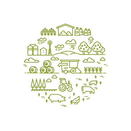 Rural landscape and agriculture farming thin line icons. Farm round badge with chicken and agriculture illustrationのイラスト素材