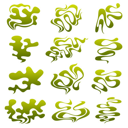 Cartoon stinky smell bubbles, water vapor and stench aroma streams vector set. Aroma smoke stream, odour toxic green illustrationのイラスト素材