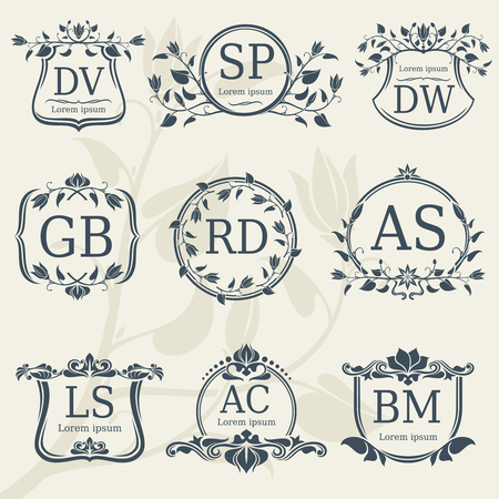 Vintage elegance wedding monograms with floral frames. Vector stock. Floral monogram frame logo with letter illustrationのイラスト素材