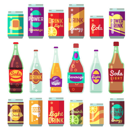Beverage soft and energy drinks vector flat icons. Drink bottle and can set. Bottle with beverage and drink water in glass bottle illustrationのイラスト素材