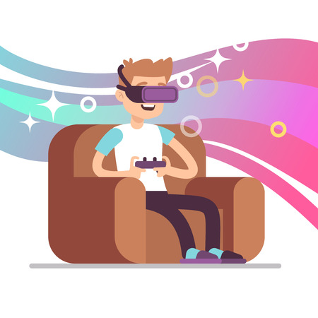 Virtual reality gaming vector concept with guy playing with vr headset. Vr headset for reality virtual gaming illustrationのイラスト素材