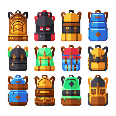 Tourist backpack vector flat icons. Hiker knapsack isolated on white. Knapsack and backpack for adventure travel and journey illustrationのイラスト素材
