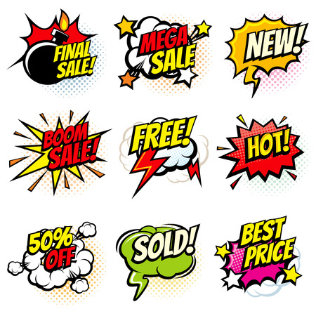 Best offer and sale promotional vector collection of pop art cartoon speech bubbles. Sale and promotion cartoon speech cloud illustrationのイラスト素材