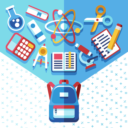 Education concept with backpack and supplies. Back to school vector background with schoolbag. Study book and backpack education school illustrationのイラスト素材